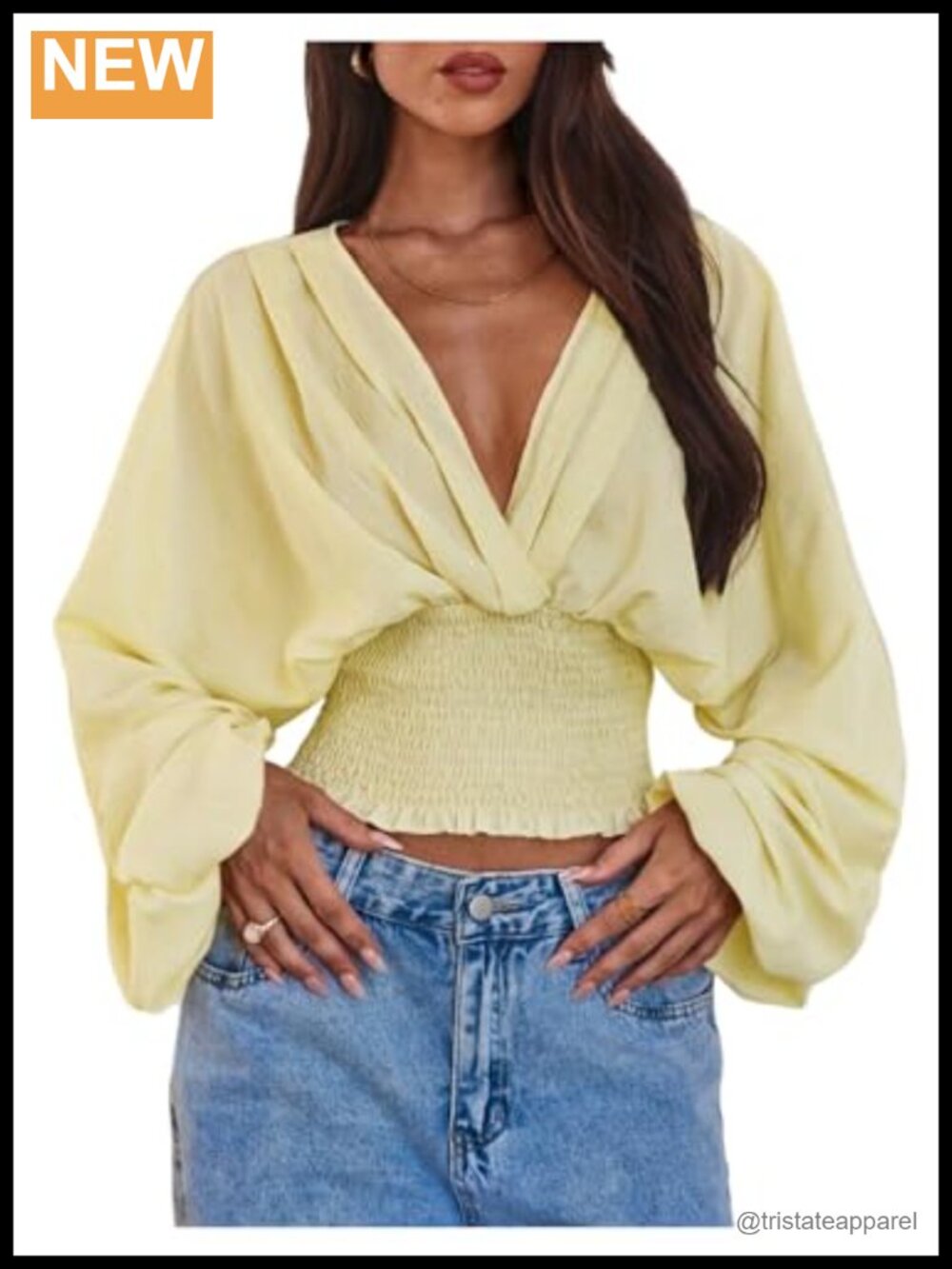 Women's Cropped V-Neck Blouse Long Sleeve Frill Trim Slim Fit | MakeMeChic